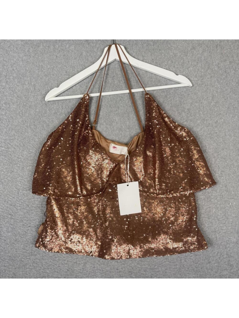 TJD Top Womens US 2 Faro Sequin Rose Gold Copper Off The Shoulder Fairy NEW
